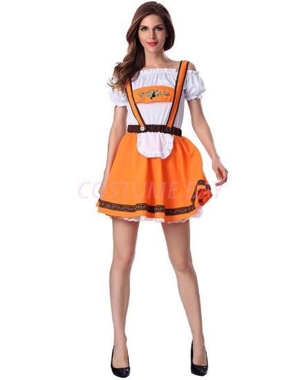 Ladies Oktoberfest Bavarian Beer Maid Orange Dress Costume