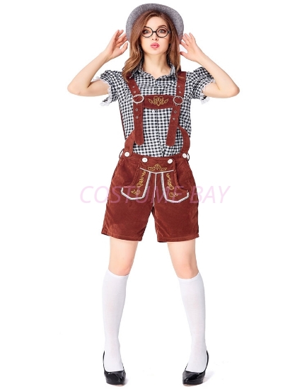 Ladies Oktoberfest Bavarian Beer Maid Costume Set - Black Shirt + Brown Short