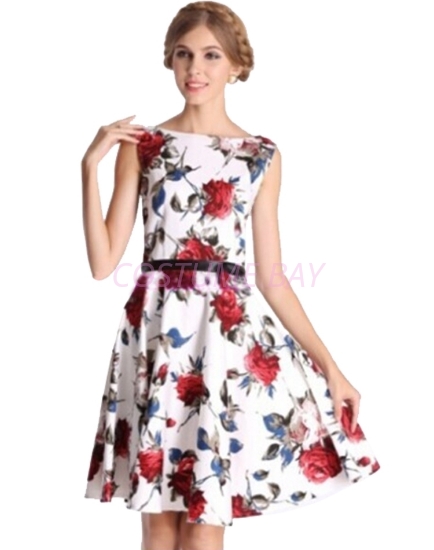 Rockabilly 50s 60s Vintage Evening Retro Pinup Swing Cocktail Dress-White With Red Flower
