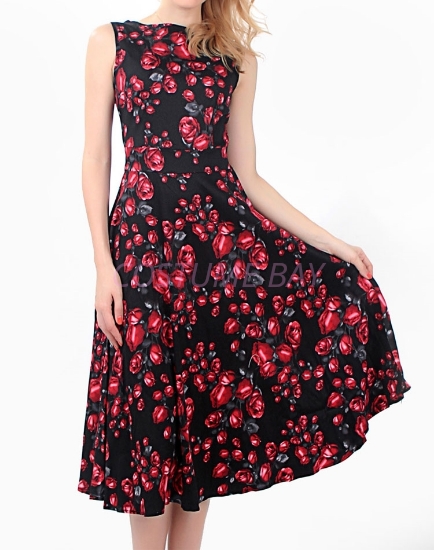 Rockabilly 50s 60s Vintage Evening Retro Pinup Swing Cocktail Dress-Red Flower