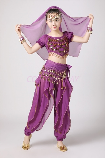 Girl's Belly Dance Outfits Paillette Ruffles Short Sleeves -Puple