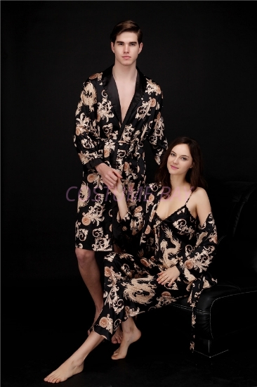 Womens Mens Satin Dressing Gown Robe Sleepwear For Couple - Black