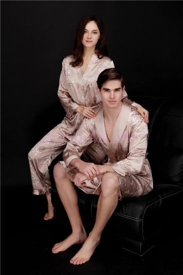 Womens Mens Satin Dressing Gown Robe Sleepwear For Couple - Camel