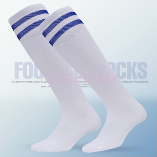 Adults Kids High Knee Football Sport Socks - White-Blue