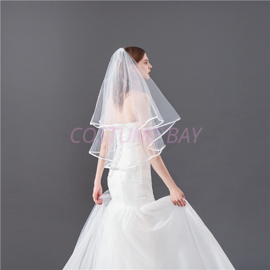 Ivory Two-Tiers Ribbon Edge Wedding Bridal Veil