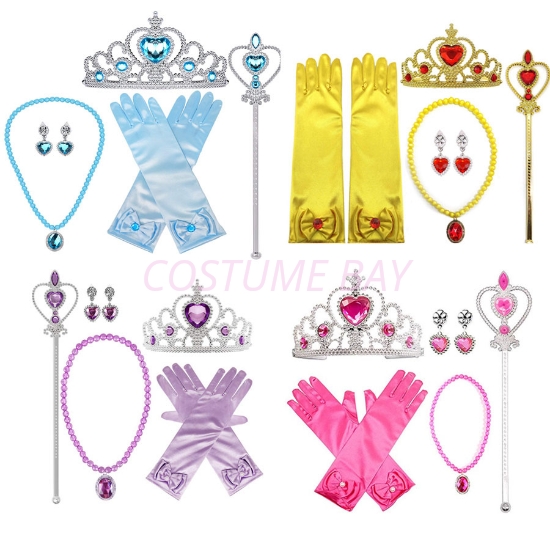 Girls Princess 5pcs Accessories Set - Tiera, Gloves, Wand, Necklace, Earrings
