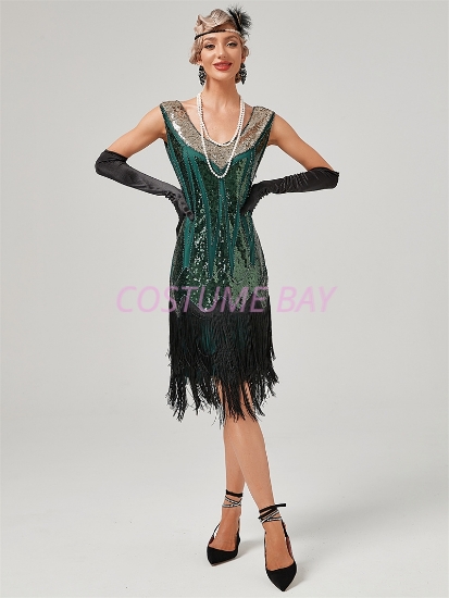 Picture of 1920s Vintage Big V-Neck Flapper dress - Dark Green